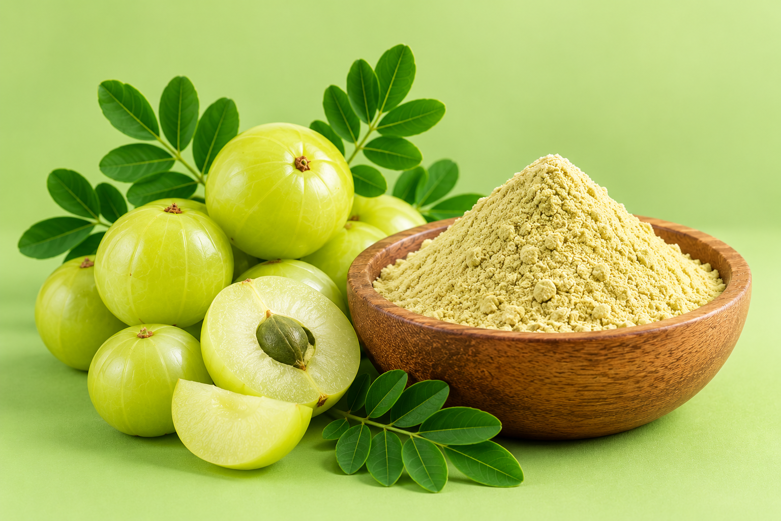 Fresh amla, green leaves and amla powder