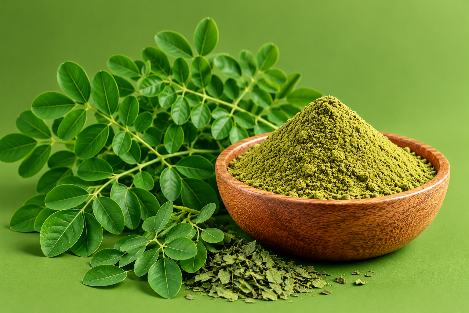 Moringa powder and fresh moringa leaves